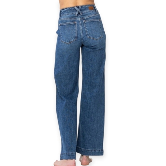 Judy Blue Mid Rise Trouser Wide Leg Jeans Medium Wash Blue - Picture 10 of 17